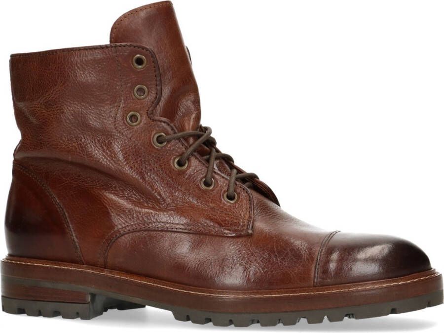 Manfield Heren Cognac leren veterboots met imitatiebont