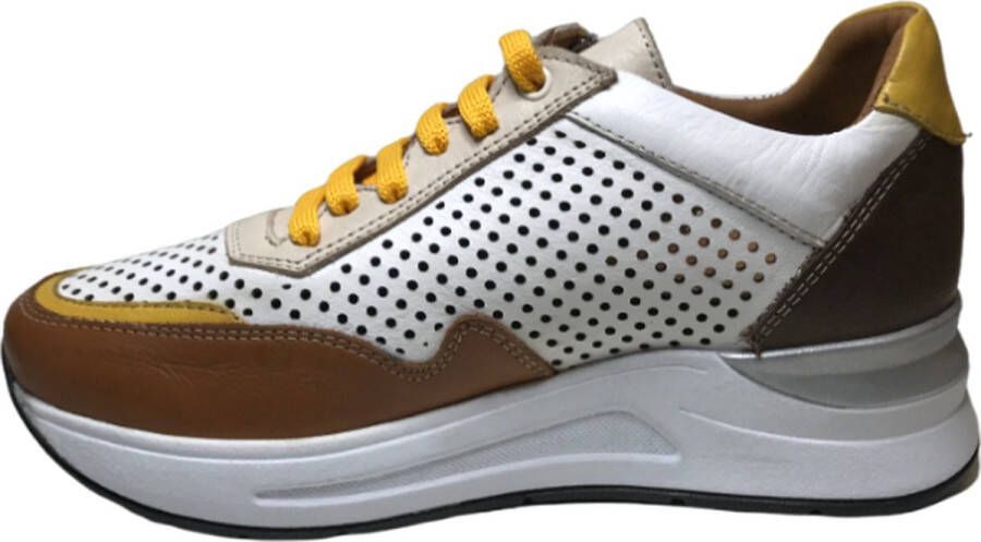 manlisa veter rits geperforeerde lederen zomer comfort sneakers S247-1705 wit camel combi