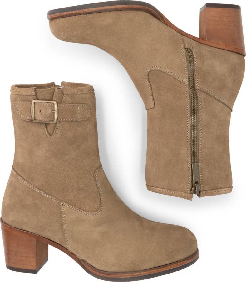 Mysa Poppy Suede Nette leren dames enkellaarzen op hak Taupe suede leer