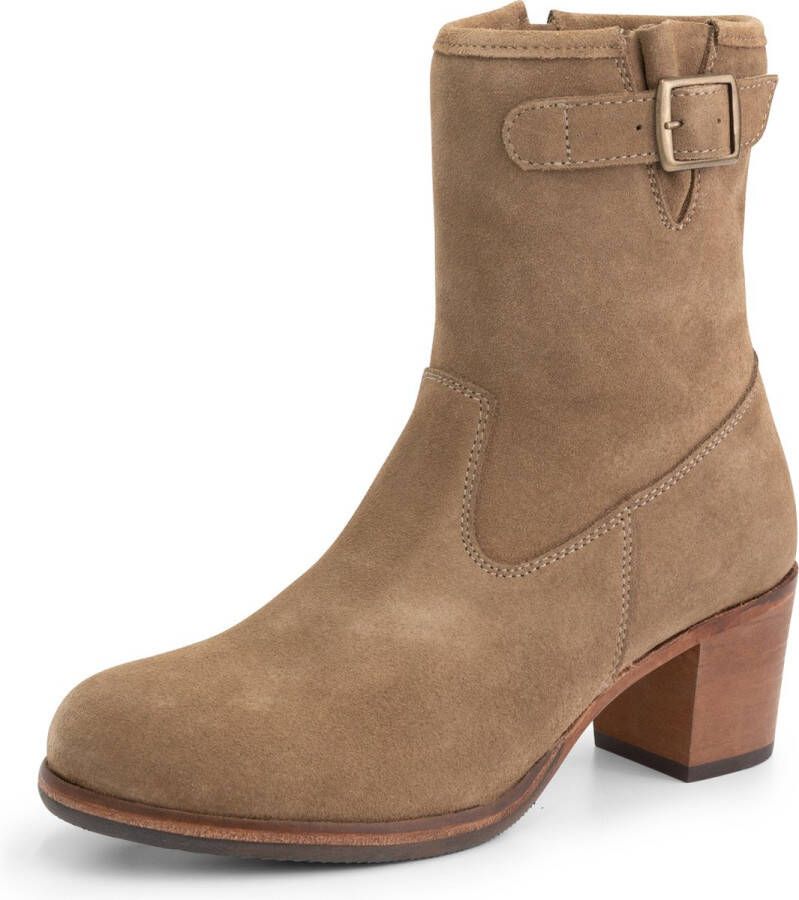 Mysa Poppy Suede Nette leren dames enkellaarzen op hak Taupe suede leer