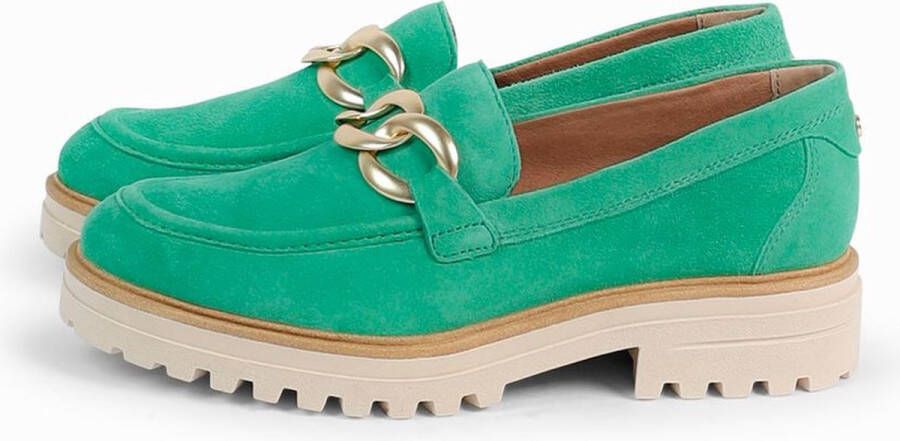 No Stress Dames Groene suède loafers met goudkleurige chain - Foto 4