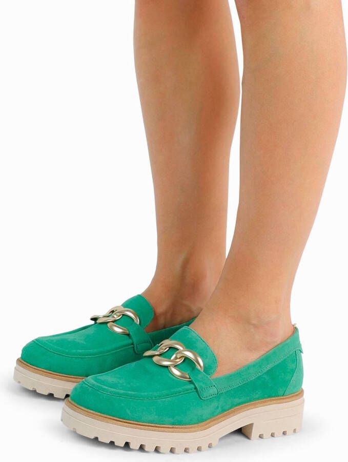 No Stress Dames Groene suède loafers met goudkleurige chain - Foto 5