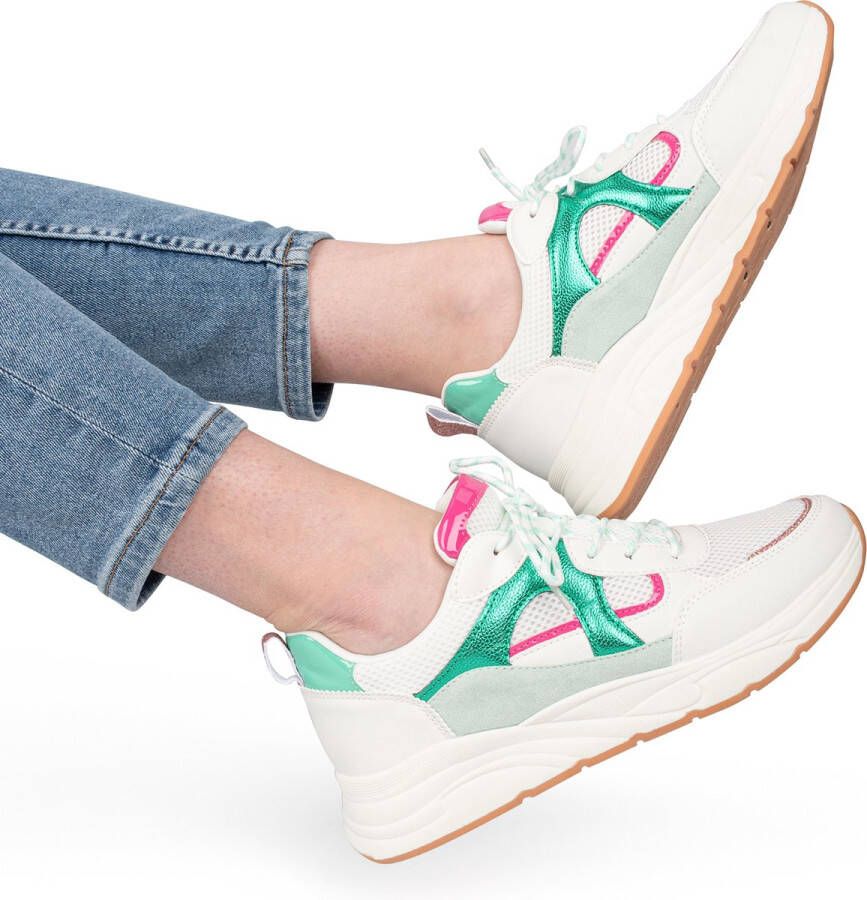 POSH by Poelman RIVER Dames Sneakers Wit met groene combinatie