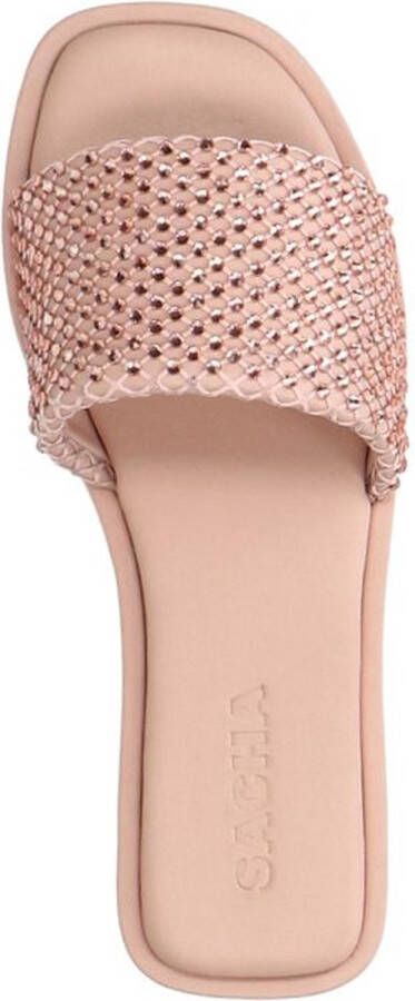 Sacha Dames Roze leren slippers met strass band