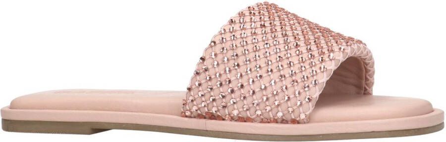 Sacha Dames Roze leren slippers met strass band