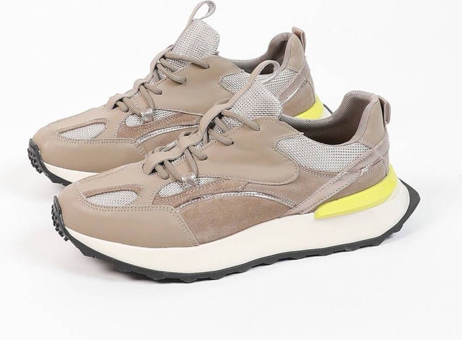 Sacha Dames Taupe leren sneakers met limegroen detail