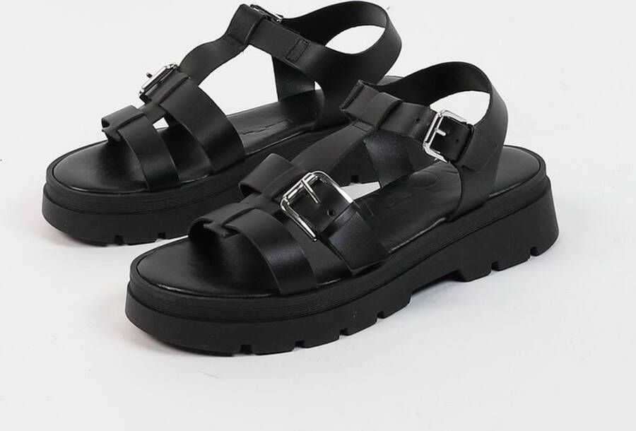 Sacha Dames Zwarte leren plateau sandalen