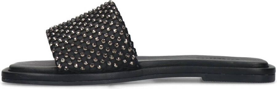 Sacha Dames Zwarte leren slippers met strass band