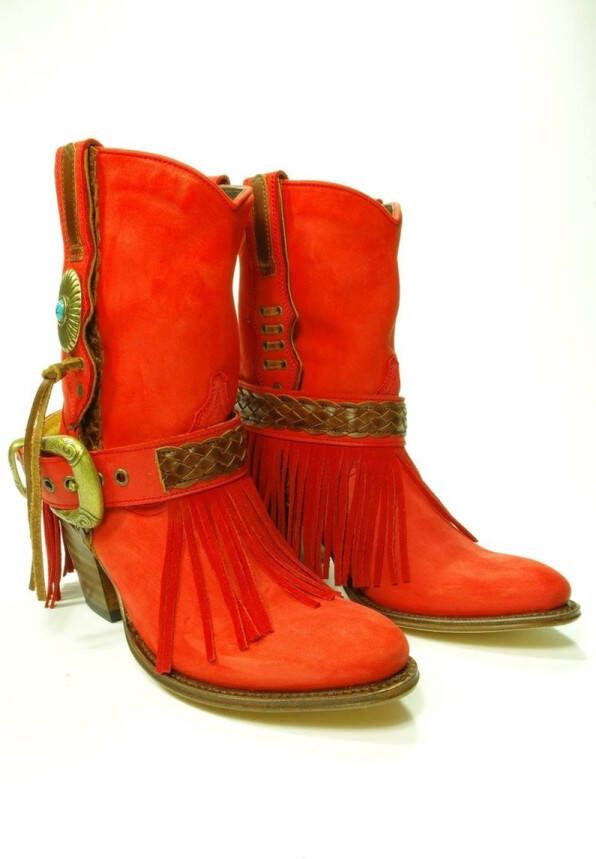 Sendra Boots 11970 Laly Rood Handgemaakt Dames Enkellaars Nubuck Ronde Neus Hoge hak Lederen Zool Sierspoor Gespen Echt Leer