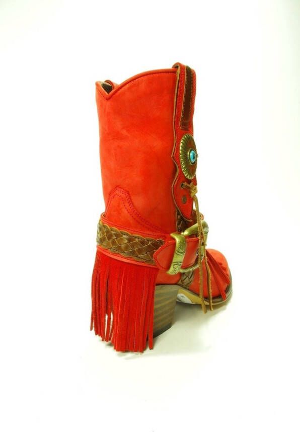 Sendra Boots 11970 Laly Rood Handgemaakt Dames Enkellaars Nubuck Ronde Neus Hoge hak Lederen Zool Sierspoor Gespen Echt Leer