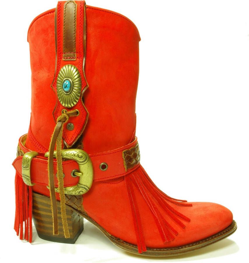 Sendra Boots 11970 Laly Rood Handgemaakt Dames Enkellaars Nubuck Ronde Neus Hoge hak Lederen Zool Sierspoor Gespen Echt Leer