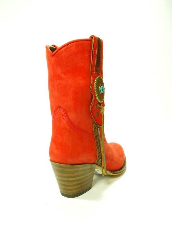 Sendra Boots 11970 Laly Rood Handgemaakt Dames Enkellaars Nubuck Ronde Neus Hoge hak Lederen Zool Sierspoor Gespen Echt Leer