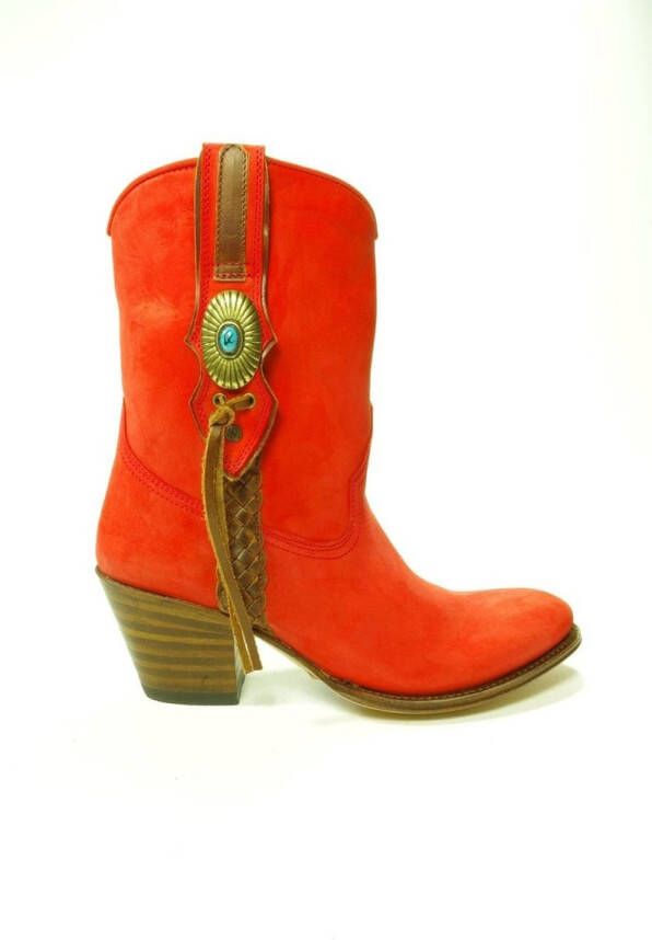 Sendra Boots 11970 Laly Rood Handgemaakt Dames Enkellaars Nubuck Ronde Neus Hoge hak Lederen Zool Sierspoor Gespen Echt Leer