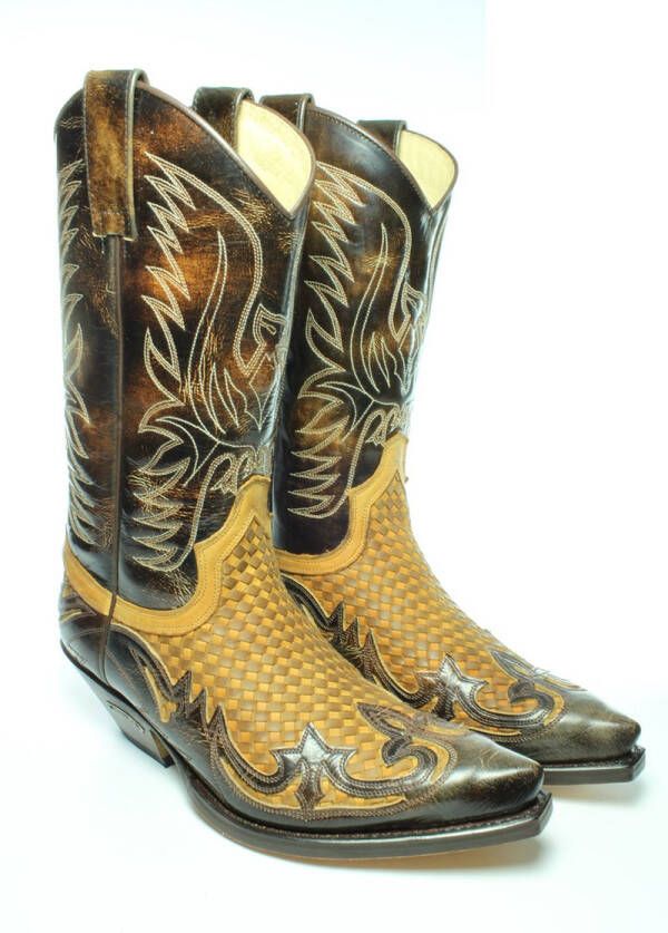 Sendra Boots 3241 Bruin Dames Heren Laarzen Trenzado Cuervo Ibiza Handgemaakt Spitse Cowboy Western Schuine Hak Gevlochten Wreef Echt Leer