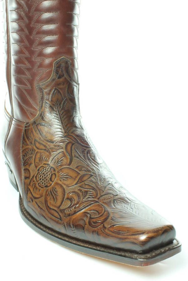 Sendra Boots 5907 Bruin Heren Cowboy Western Laarzen Handgemaakt Reliëf Bloemmotief Verkort Spitse Neus Iets Schuine Hak Rechte Schacht Pull Loops Echt Leer