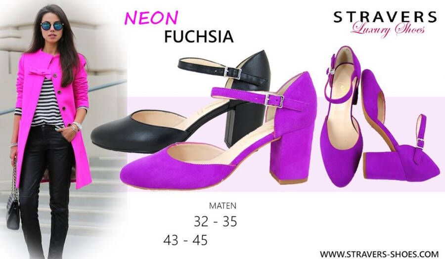 Stravers Grote Maten Schoenen 2609KK Stravers Neon Fuchsia Pumps met Bandje Grote Maten Pumps met Blokhak