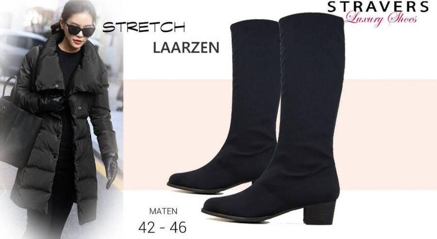 Stravers Grote Maten Schoenen Stravers Stretch Lange Laarzen Zwart Lage Hak. Grote Maten Elastische Laarzen