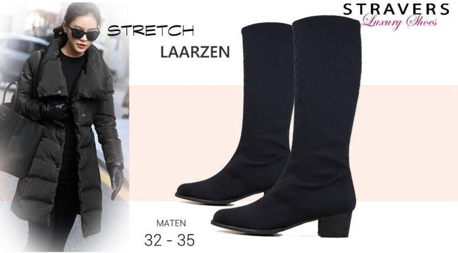 Stravers Kleine Maten Schoenen Stravers Stretch Laarzen Zwart Lang Lage Hak. Kleine Maten Elastische Laarzen