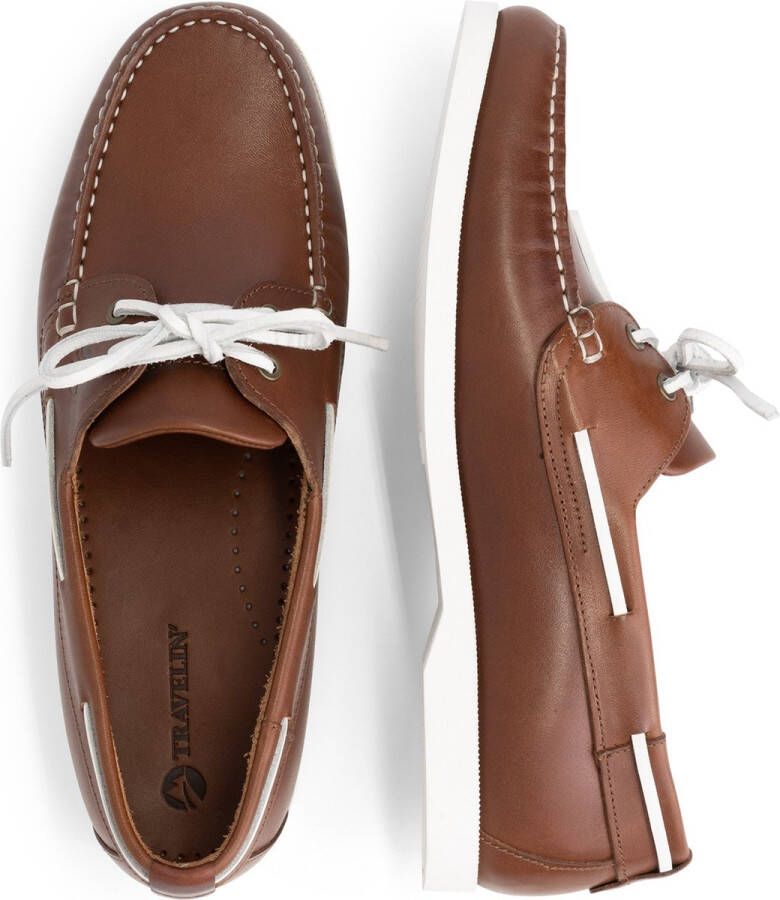 Travelin ' Exmouth Heren Leren Moccasins met veter Bootschoenen Instappers Cognac Bruin Leer