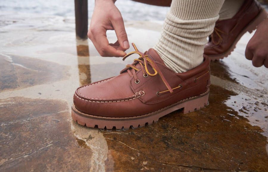 Travelin ' Plymouth Heren Leren Moccasins met veter Boot schoen Bruin Leer