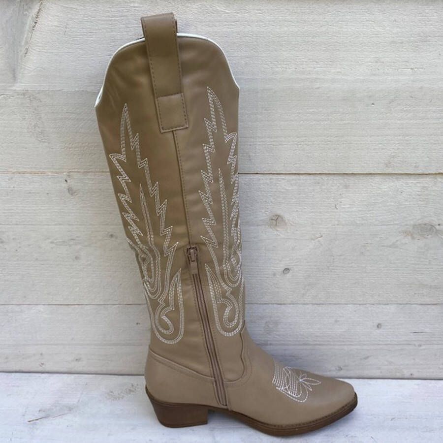 Weloveshoes SmileFavorites Dames Cowboylaarzen met Hak Imitatieleer Taupe Khaki