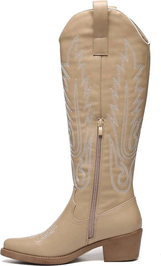 Weloveshoes SmileFavorites Dames Cowboylaarzen met Hak Imitatieleer Taupe Khaki