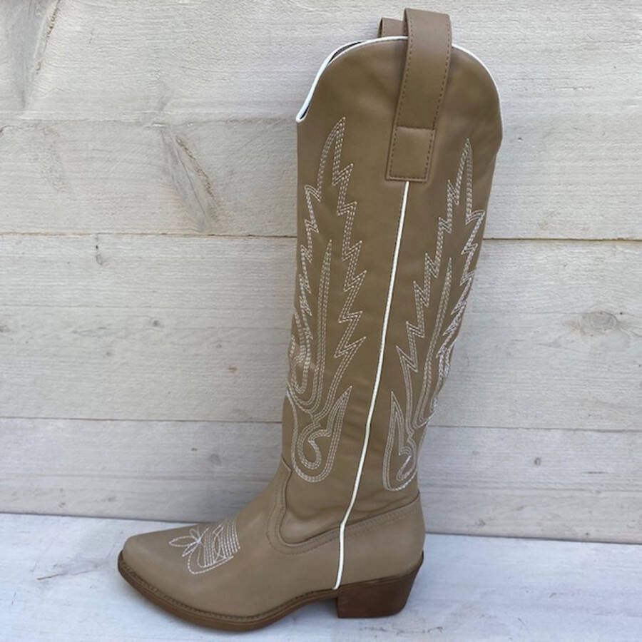 Weloveshoes SmileFavorites Dames Cowboylaarzen met Hak Imitatieleer Taupe Khaki