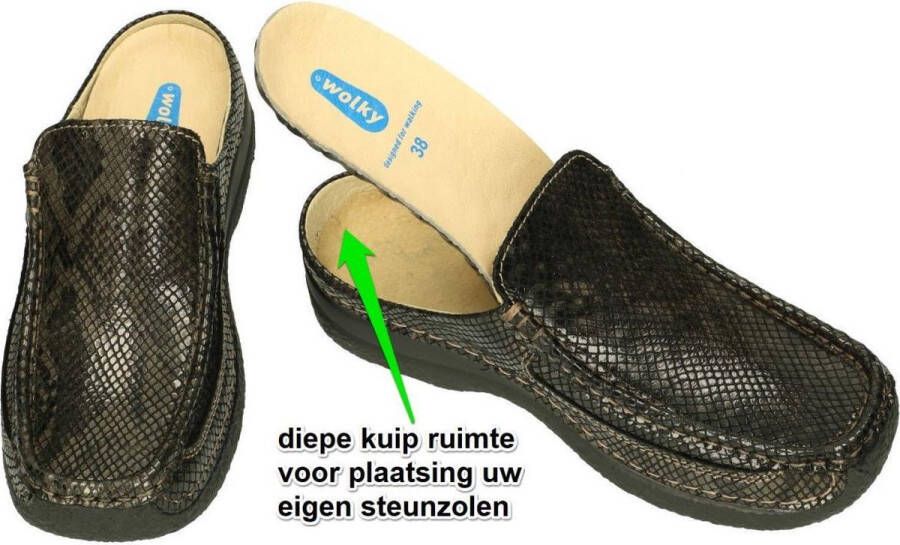 Wolky Slippers Roll Slide slangenprint donkerbruin leer