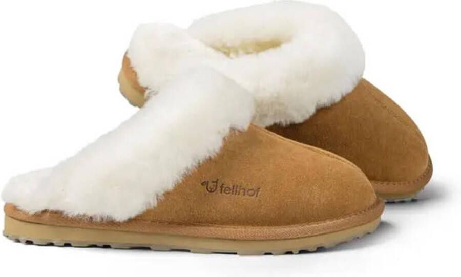 Fellhof Primo pantoffels dames bruin lamswol lamsleer warme pantoffels wollen pantoffels sloffen ademend antislip zool