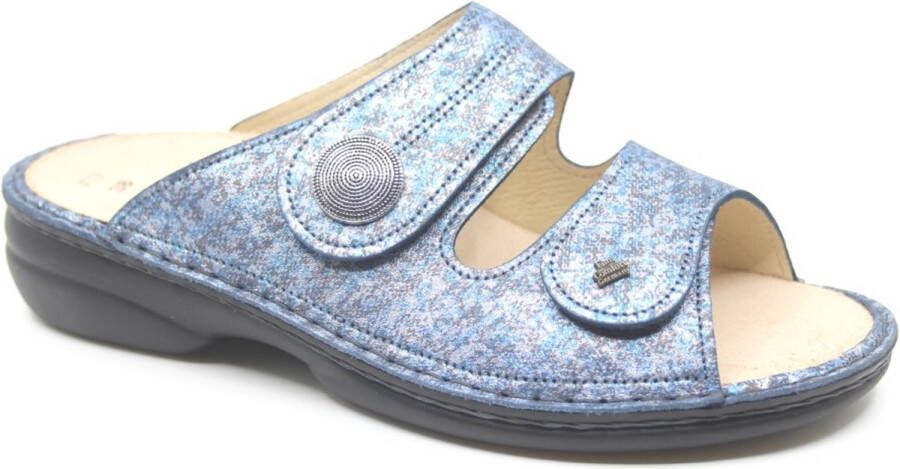 Finn comfort SANSIBAR 02550-288124 Blauw combi dames slipper met klittenband sluiting en een uitneembaar voetbed