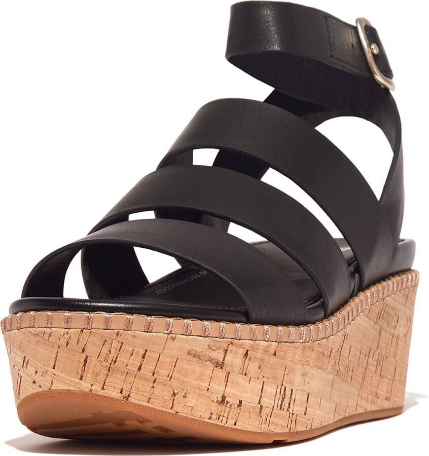 FitFlop Eloise Leather Cork Strappy Wedge Sandals ZWART