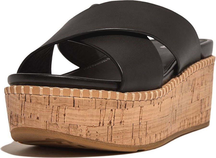 FitFlop Eloise Leather Cork Wedge Cross Slides ZWART