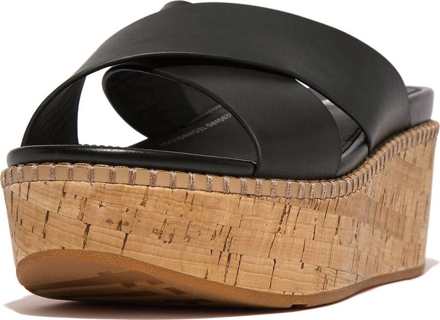 FitFlop Eloise Leather cork Wedge Cross Slippers Zwart Vrouw