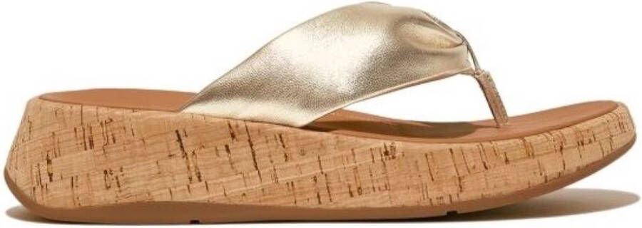 FitFlop F-Mode Leather-Twist Flatform Toe-Thongs (Cork) GOUD