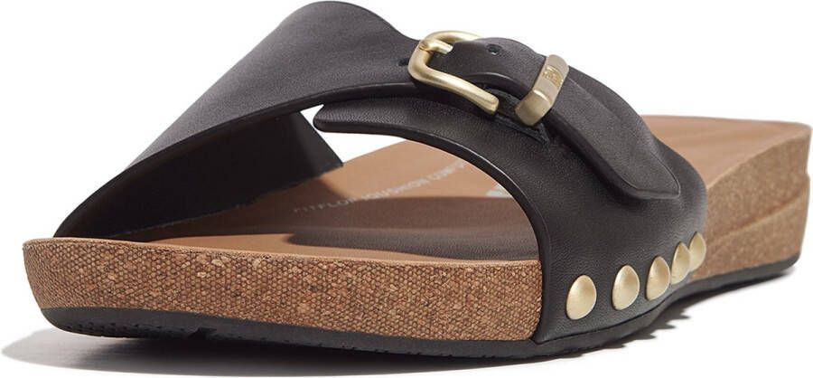 FitFlop Iqushion Adjustable Buckle Leather Slides ZWART