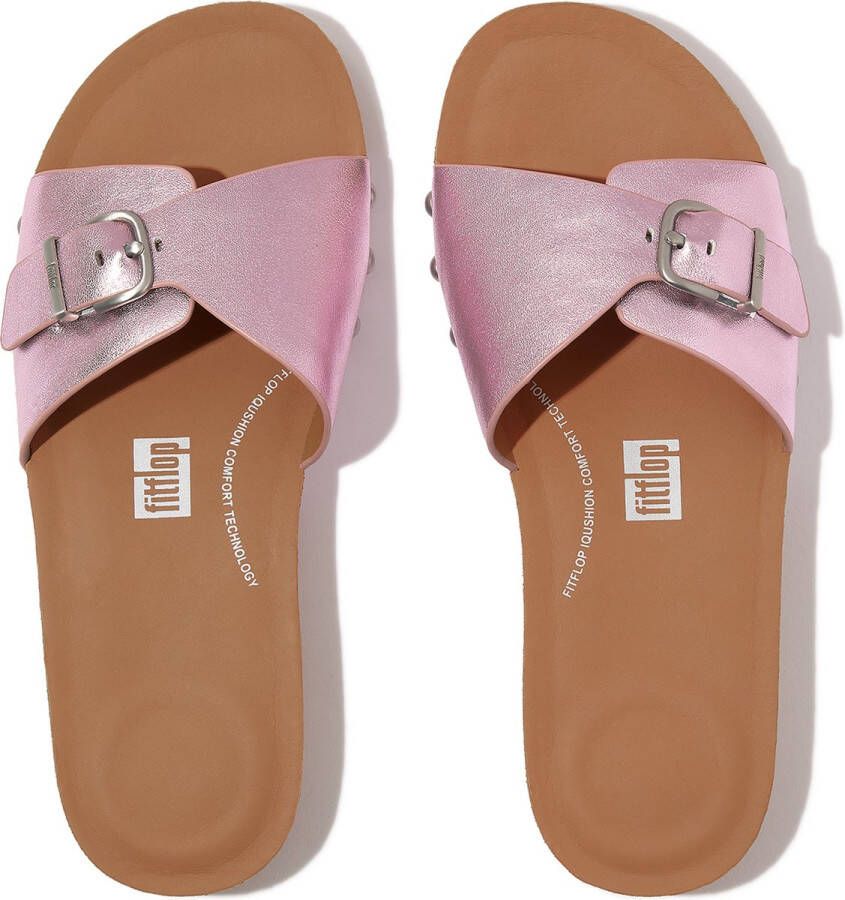 FitFlop Iqushion Adjustable Buckle Metalli Leather Slides PAARS