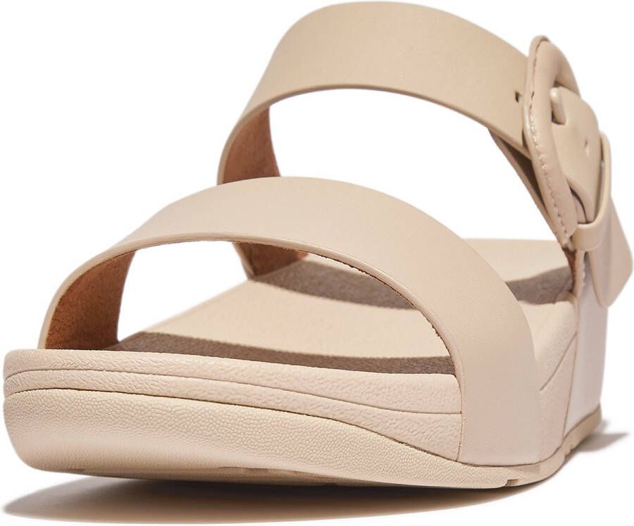 FitFlop Lulu Covered-Buckle Raw-Edge Leather Slides BEIGE