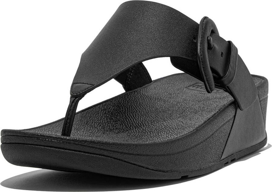 FitFlop Lulu Covered-Buckle Raw-Edge Leather Toe-Thongs ZWART