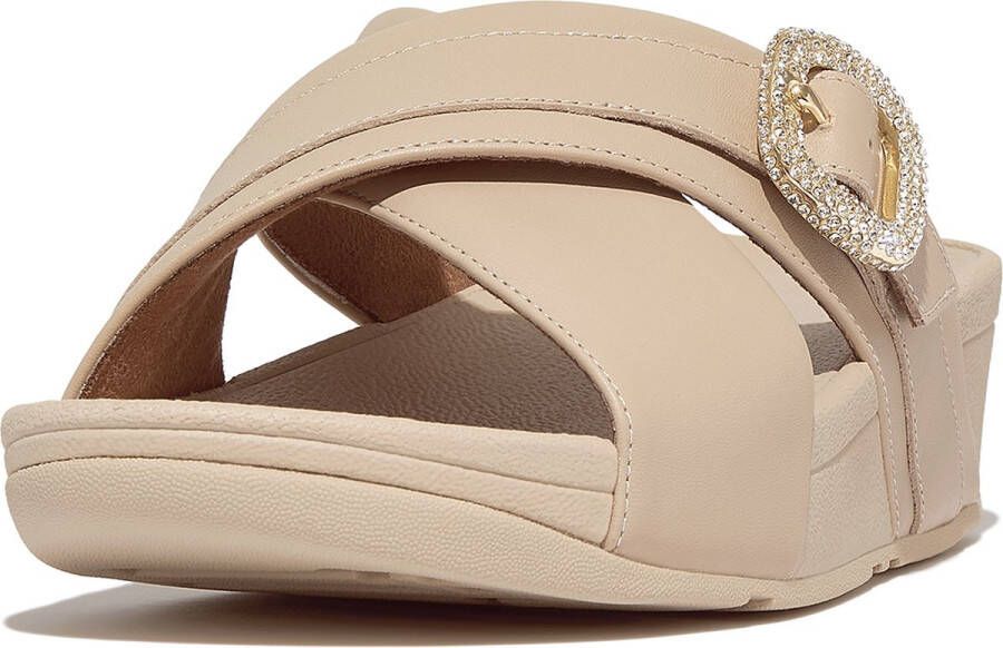 FitFlop Lulu Crystal-Buckle Leather Cross Slides BEIGE