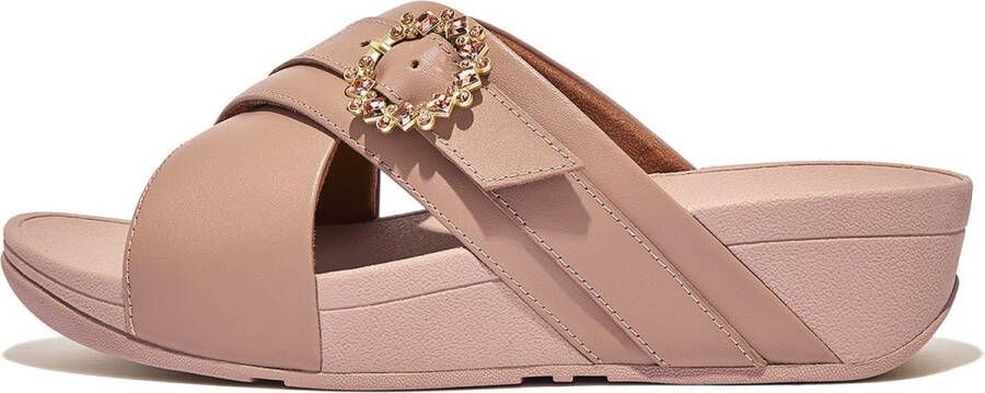 FitFlop Lulu Crystal-Buckle Leather Cross Slides BEIGE