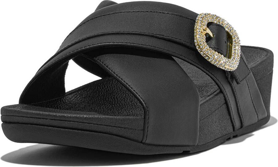 FitFlop Lulu Crystal-Buckle Leather Cross Slides ZWART