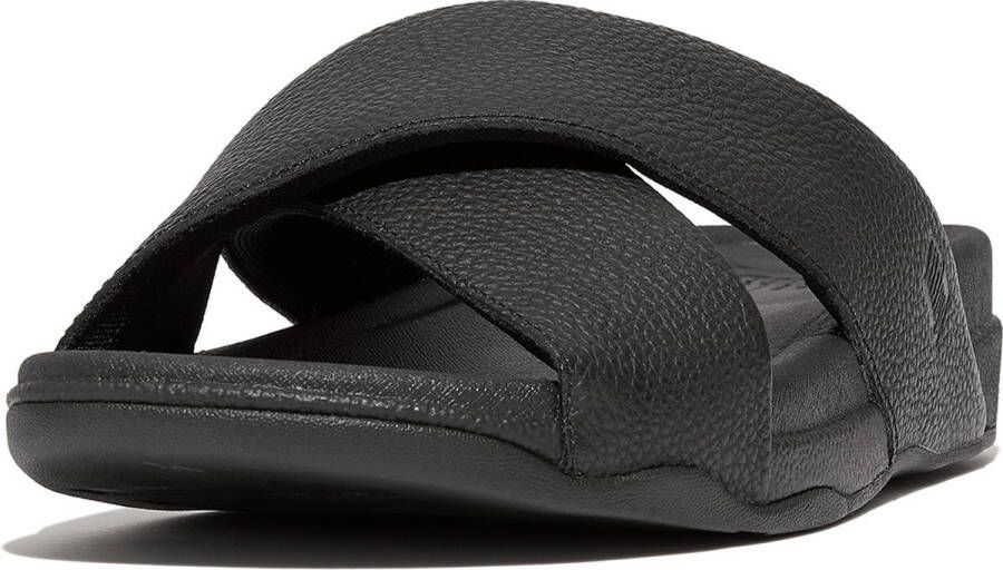 FitFlop Surfer Mens Tumbled-Leather Cross Slides ZWART