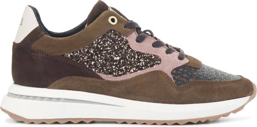 Floris van Bommel Sneakers Dames Lage sneakers Damesschoenen Suède SFW-10119 Glitter Bruin combi