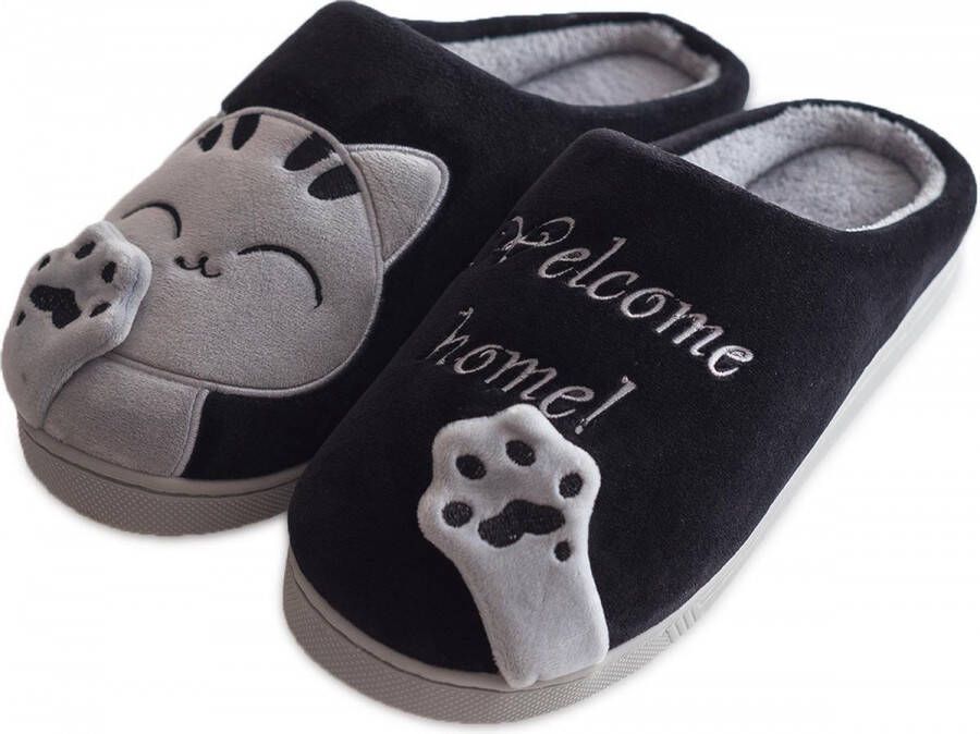 Geweo Home Sloffen Pantoffels Open Sloffen Koraal Fleece Pantoffels Antislip Leuk Katje Kerstmis Kerstfeest Christmas Gift Zwart