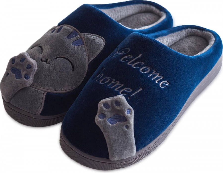 Geweo Home Sloffen Open Sloffen Koraal Fleece Pantoffels Dames Leuk Katje Blauw