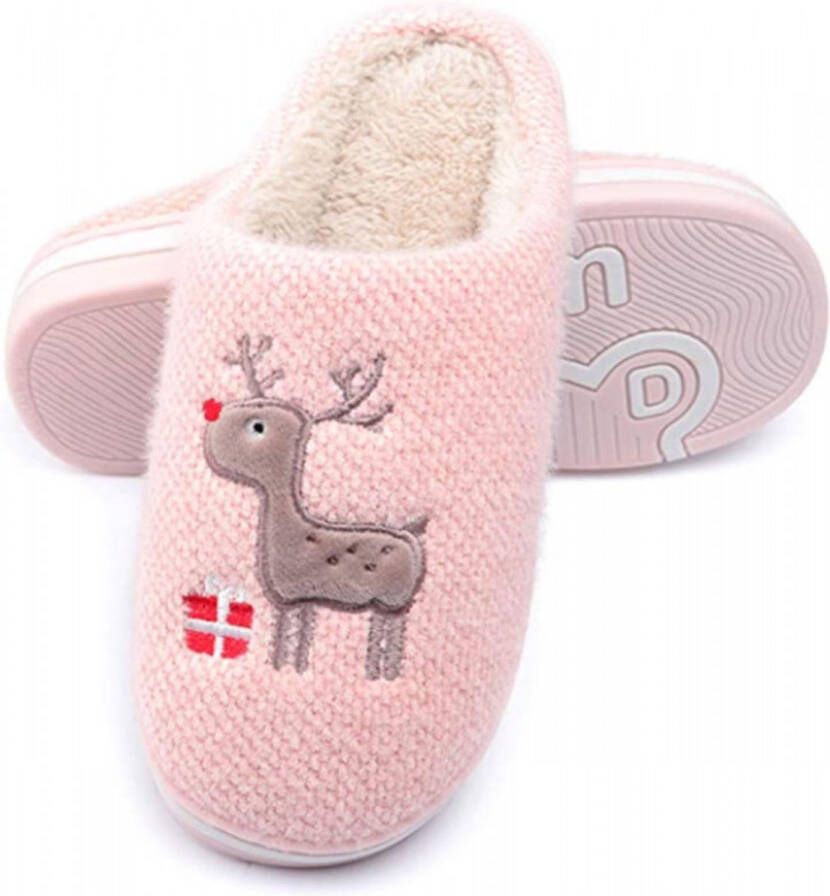 Geweo Home Sloffen Open Sloffen Pantoffels Dames Leuk rendier Kerst Geschenk Roze