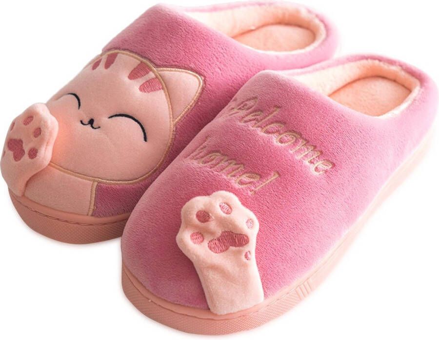 Geweo Home Sloffen Pantoffels Open Sloffen Koraal Fleece Pantoffels Dames Antislip Leuk Katje Kerstmis Kerstfeest Christmas Gift Roze - Foto 1