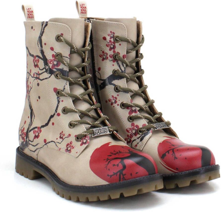 GOBY Cherry Blossom Dames Veterboots Handgemaakt Vegan Leer