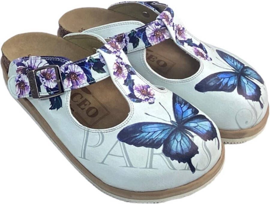 GOBY Clogs met Blue Butterfly Design Handgemaakt Hoge Kwaliteit