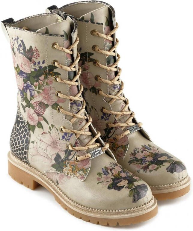 GOBY Dames Veterboots Floral Elegance Handgemaakt Vegan Leer